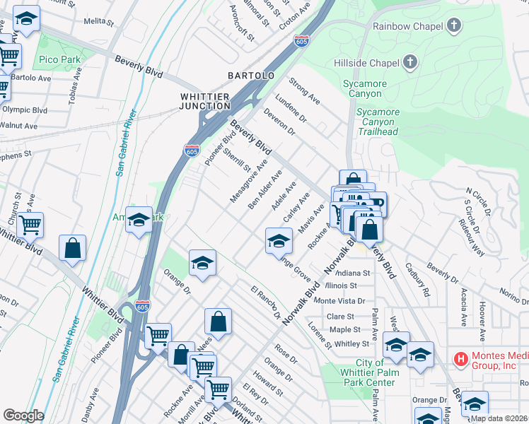 map of restaurants, bars, coffee shops, grocery stores, and more near 5525 Adele Avenue in Whittier