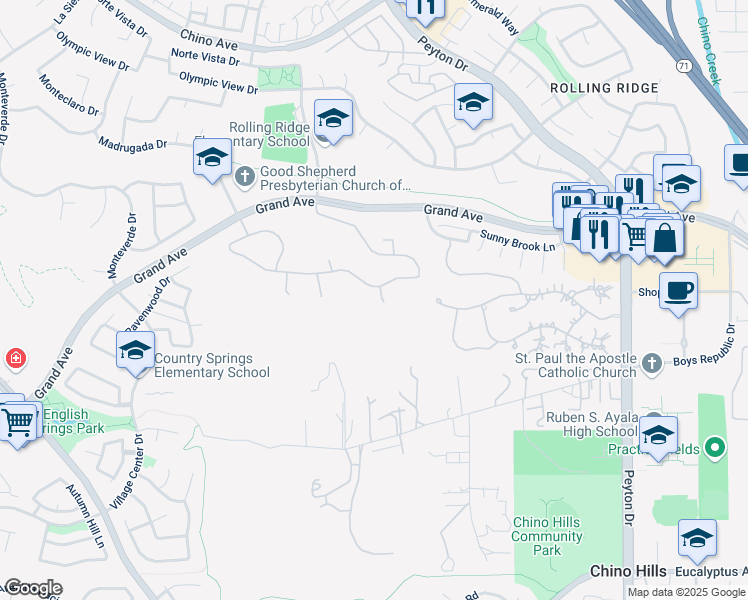 map of restaurants, bars, coffee shops, grocery stores, and more near 13952 Woodrose Court in Chino Hills