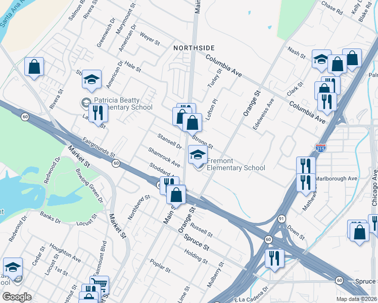 map of restaurants, bars, coffee shops, grocery stores, and more near 1798 Main Street in Riverside