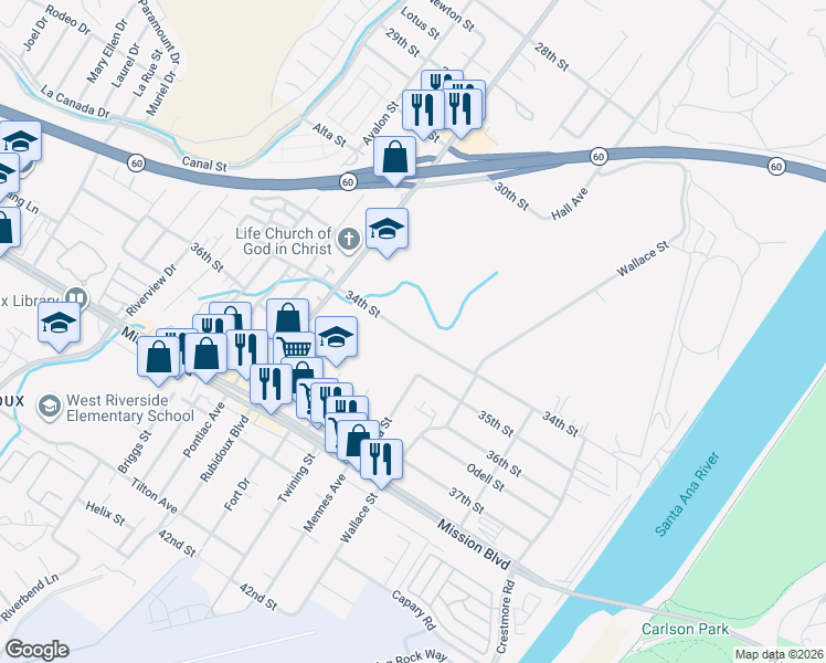 map of restaurants, bars, coffee shops, grocery stores, and more near 5476 34th Street in Riverside