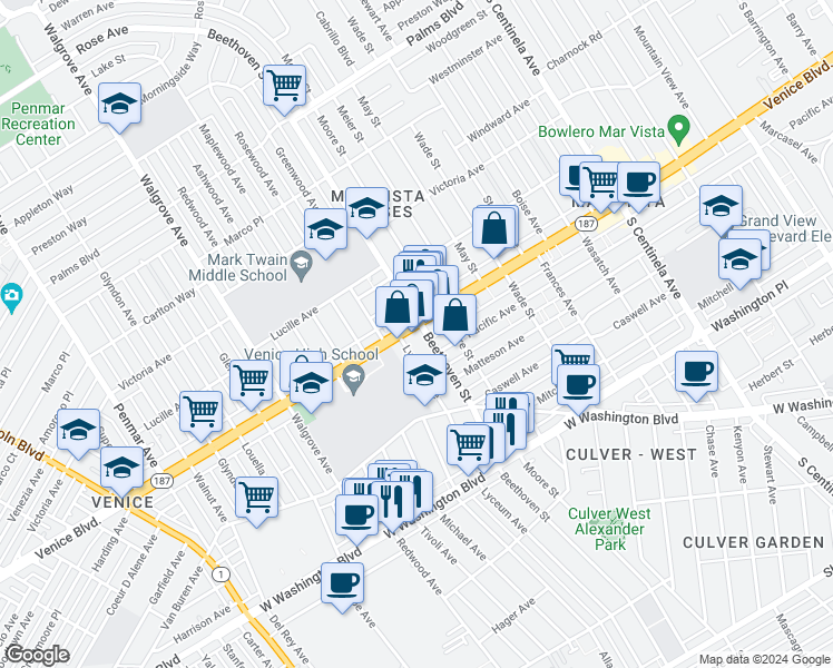 map of restaurants, bars, coffee shops, grocery stores, and more near 3816 Lyceum Avenue in Los Angeles