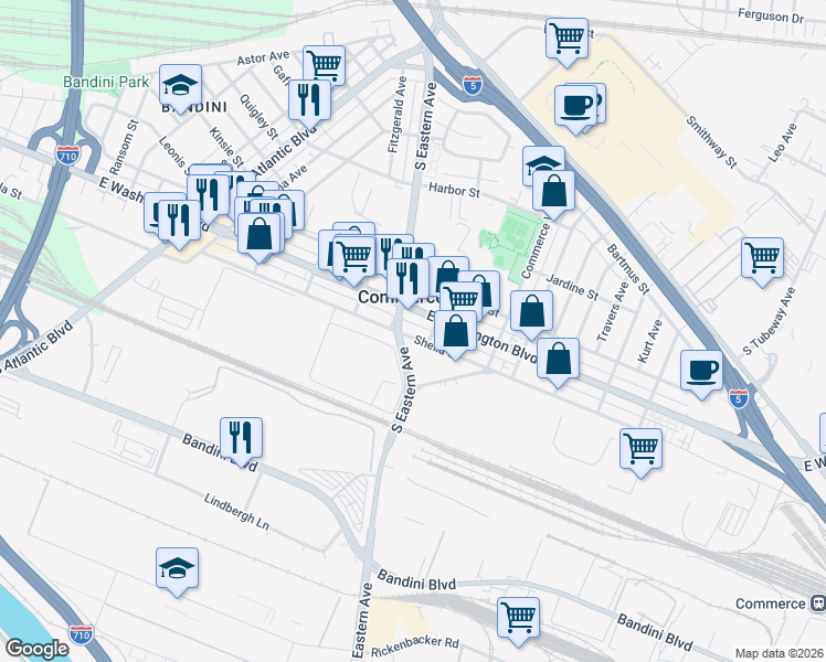 map of restaurants, bars, coffee shops, grocery stores, and more near 5575 Sheila Street in Commerce