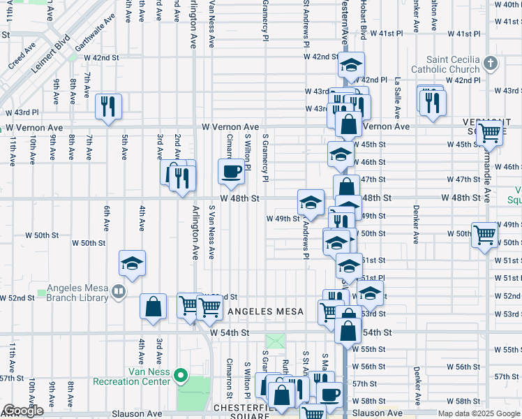 map of restaurants, bars, coffee shops, grocery stores, and more near 4817 South Gramercy Place in Los Angeles