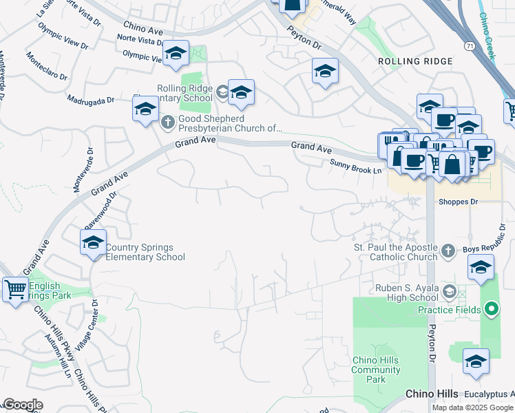 map of restaurants, bars, coffee shops, grocery stores, and more near 13952 Woodrose Court in Chino Hills