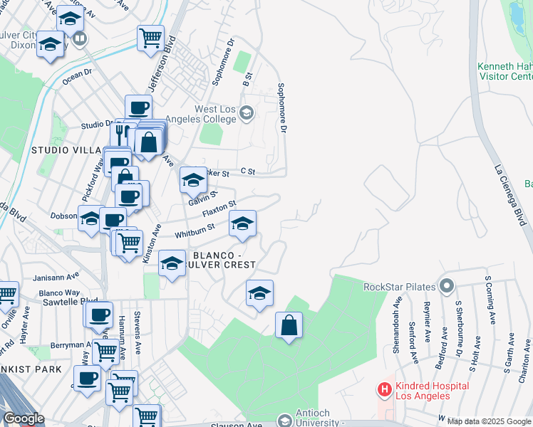 map of restaurants, bars, coffee shops, grocery stores, and more near 10661 Ranch Road in Culver City
