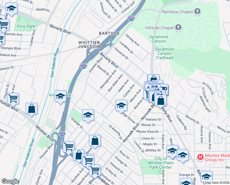 map of restaurants, bars, coffee shops, grocery stores, and more near 5525 Adele Avenue in Whittier