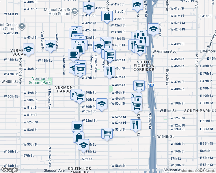 map of restaurants, bars, coffee shops, grocery stores, and more near 4801 South Hoover Street in Los Angeles