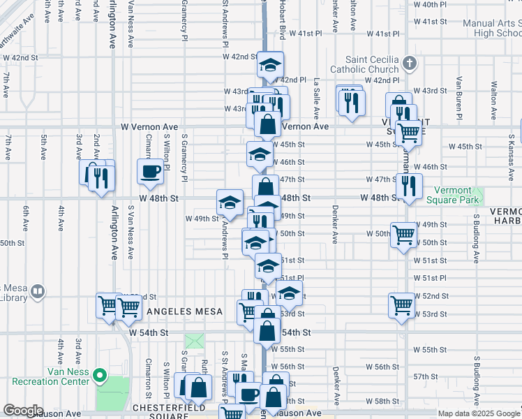 map of restaurants, bars, coffee shops, grocery stores, and more near 4813 South Western Avenue in Los Angeles