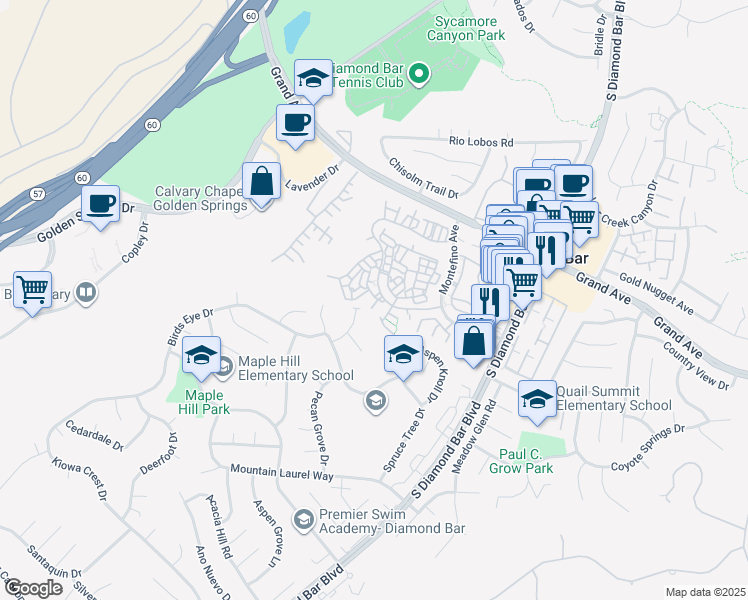map of restaurants, bars, coffee shops, grocery stores, and more near 1325 Solera Lane in Diamond Bar