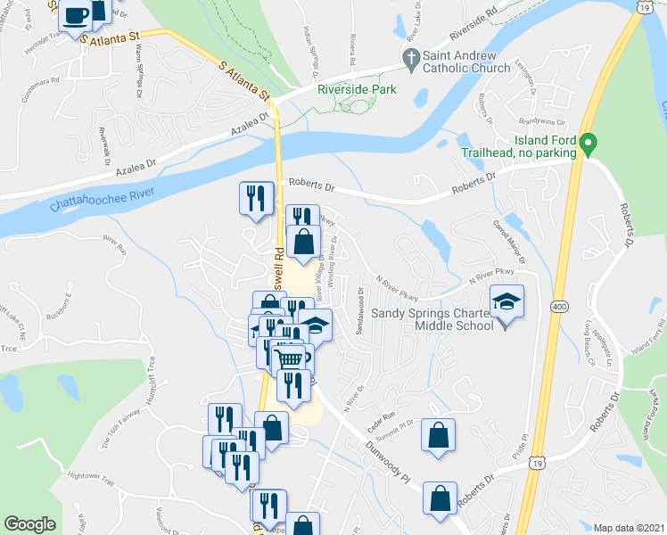 map of restaurants, bars, coffee shops, grocery stores, and more near 320 Winding River Drive in Atlanta