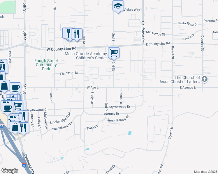 map of restaurants, bars, coffee shops, grocery stores, and more near 218 West Avenue L in Calimesa