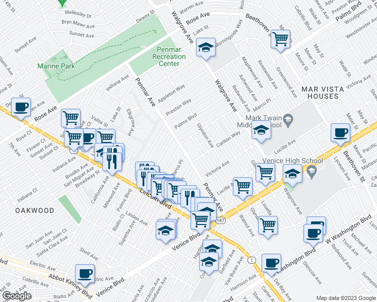 map of restaurants, bars, coffee shops, grocery stores, and more near 1121 Marco Place in Los Angeles