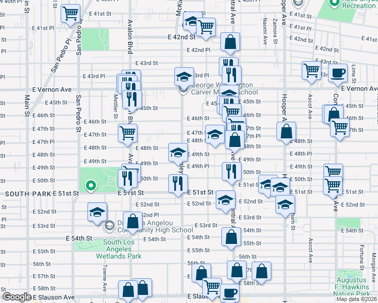 map of restaurants, bars, coffee shops, grocery stores, and more near 890 East 49th Street in Los Angeles