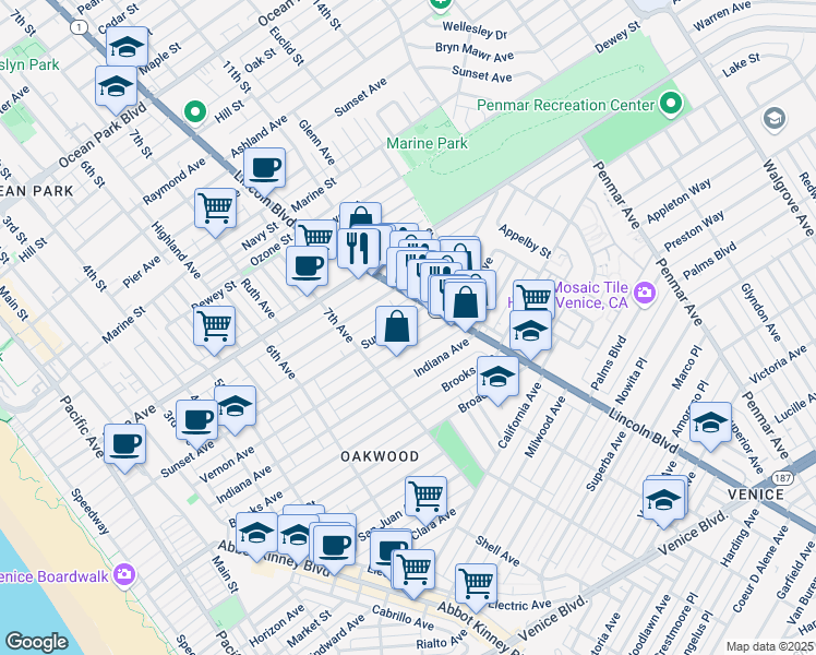 map of restaurants, bars, coffee shops, grocery stores, and more near 758 Sunset Avenue in Venice