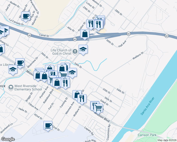 map of restaurants, bars, coffee shops, grocery stores, and more near 5476 34th Street in Riverside