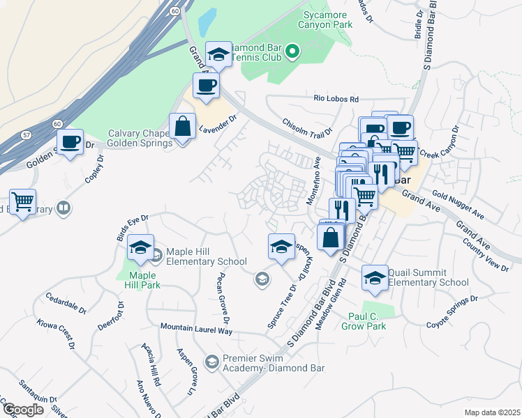 map of restaurants, bars, coffee shops, grocery stores, and more near 1302 Barberry Drive in Diamond Bar