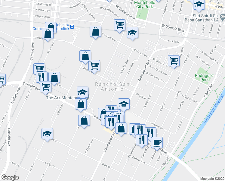 map of restaurants, bars, coffee shops, grocery stores, and more near 845 South Taylor Avenue in Montebello