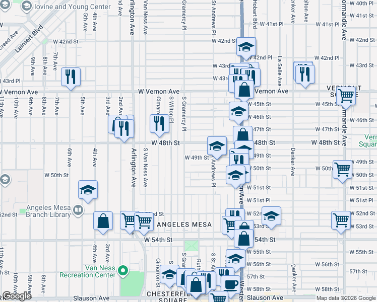 map of restaurants, bars, coffee shops, grocery stores, and more near 4831 South Gramercy Place in Los Angeles
