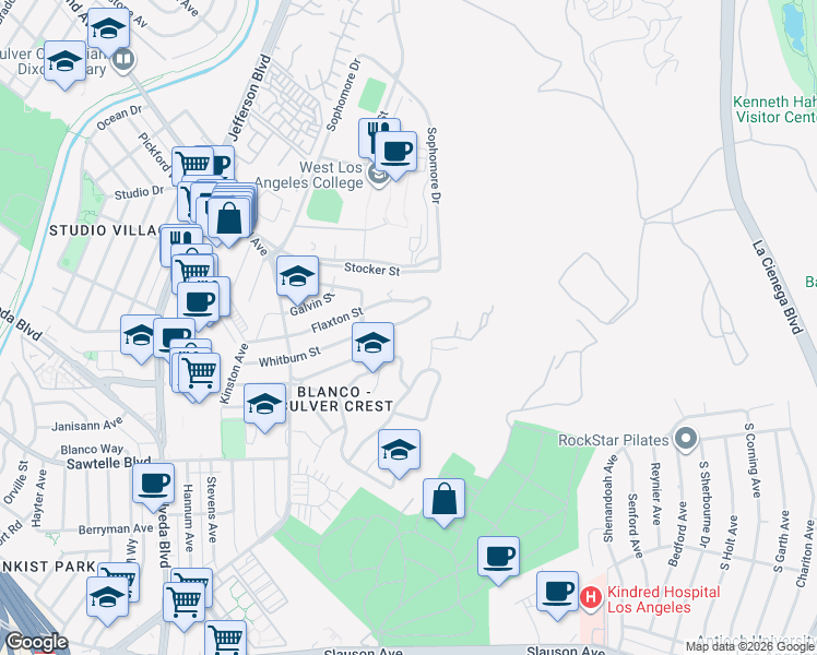 map of restaurants, bars, coffee shops, grocery stores, and more near 10661 Ranch Road in Culver City