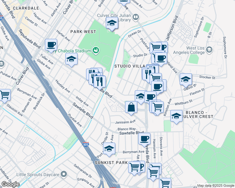 map of restaurants, bars, coffee shops, grocery stores, and more near in Culver City