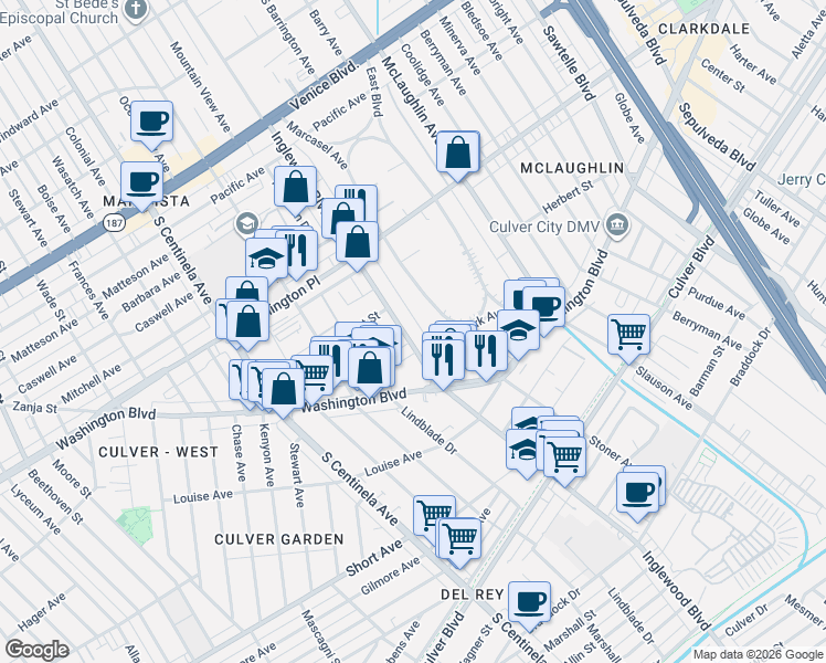 map of restaurants, bars, coffee shops, grocery stores, and more near 12002 Sylvester Street in Los Angeles
