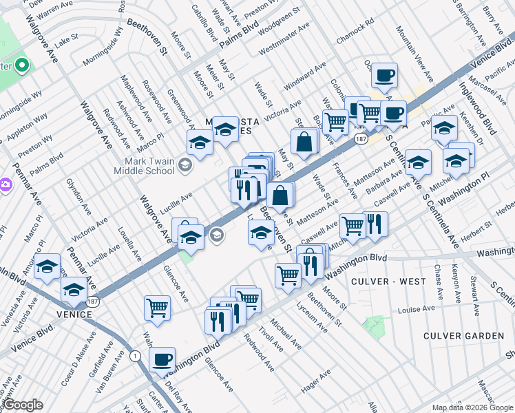 map of restaurants, bars, coffee shops, grocery stores, and more near 3816 Lyceum Avenue in Los Angeles
