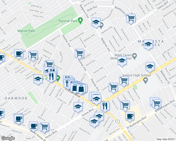 map of restaurants, bars, coffee shops, grocery stores, and more near 1121 Marco Place in Los Angeles
