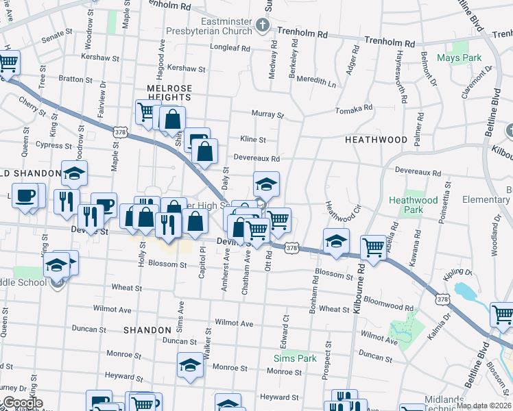 map of restaurants, bars, coffee shops, grocery stores, and more near 3319 Millwood Ave in Columbia