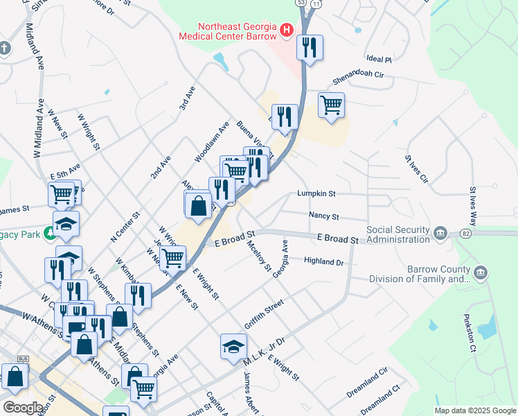 map of restaurants, bars, coffee shops, grocery stores, and more near 250 Lumpkin Street in Winder