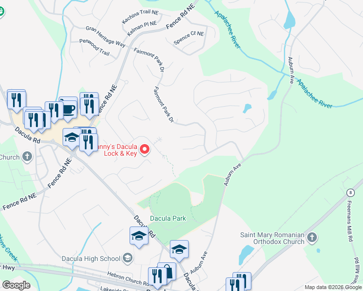 map of restaurants, bars, coffee shops, grocery stores, and more near 2618 Leon Murphy Drive in Dacula