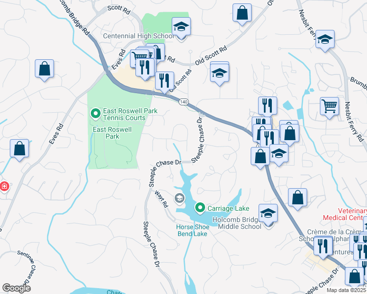 map of restaurants, bars, coffee shops, grocery stores, and more near 9145 Twelvestones Drive in Roswell