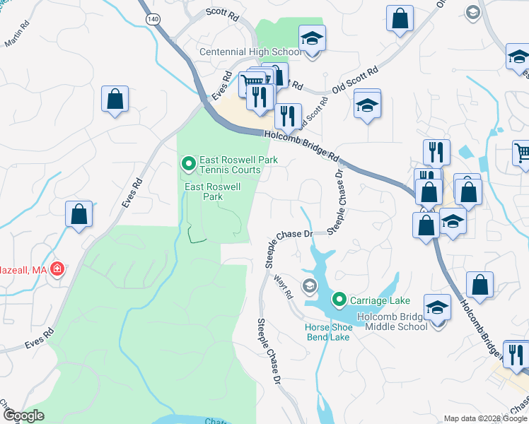map of restaurants, bars, coffee shops, grocery stores, and more near 8985 Ridgestone Court in Roswell