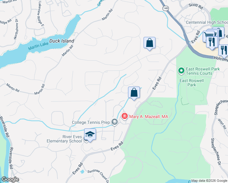 map of restaurants, bars, coffee shops, grocery stores, and more near 510 Bellfield Court in Roswell