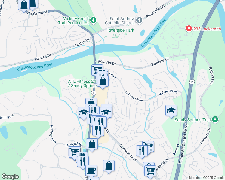 map of restaurants, bars, coffee shops, grocery stores, and more near 320 Winding River Drive in Atlanta
