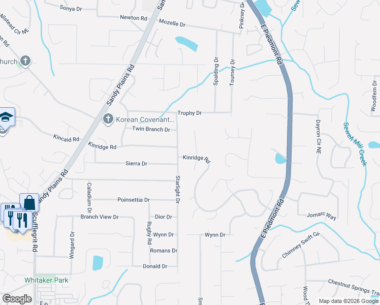 map of restaurants, bars, coffee shops, grocery stores, and more near 1958 Kinridge Road in Marietta