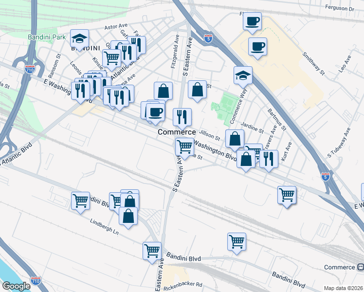 map of restaurants, bars, coffee shops, grocery stores, and more near 5575 Sheila Street in Commerce