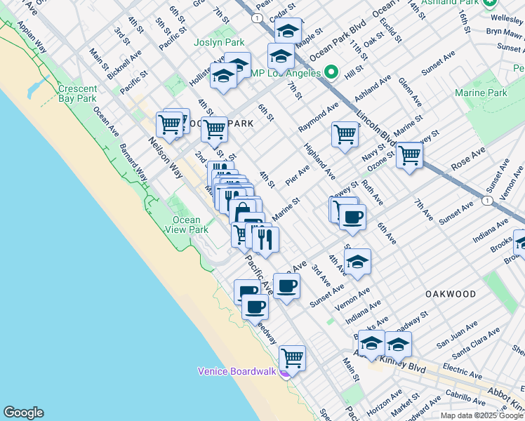 map of restaurants, bars, coffee shops, grocery stores, and more near 3008 3rd Street in Santa Monica