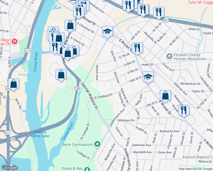 map of restaurants, bars, coffee shops, grocery stores, and more near 906 Anna Avenue in Gadsden