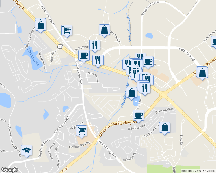 map of restaurants, bars, coffee shops, grocery stores, and more near 1468 Dolcetto Trace in Kennesaw