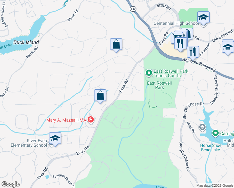 map of restaurants, bars, coffee shops, grocery stores, and more near 240 Glen Holly Drive in Roswell