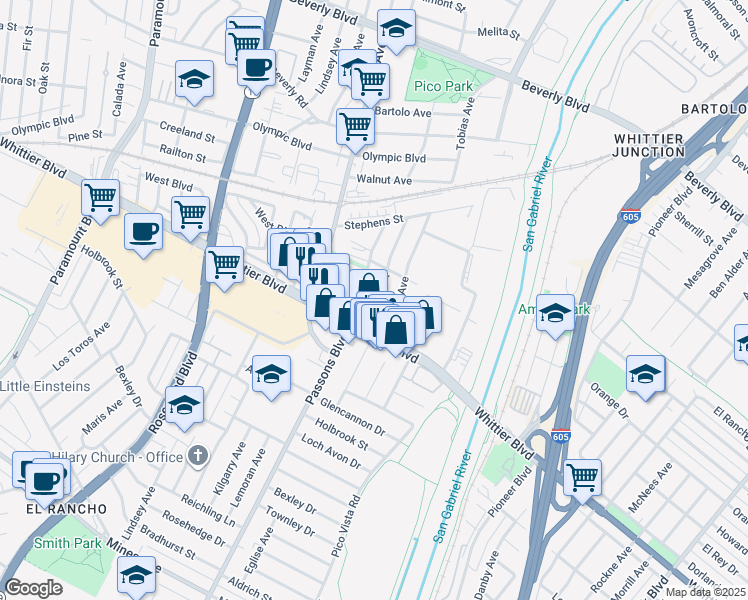 map of restaurants, bars, coffee shops, grocery stores, and more near 4963 Church Street in Pico Rivera