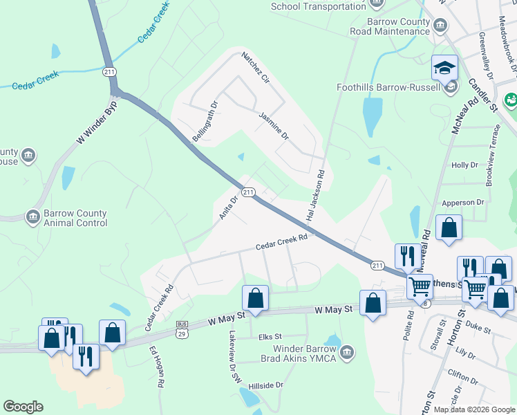 map of restaurants, bars, coffee shops, grocery stores, and more near 312 Highway 211 in Winder