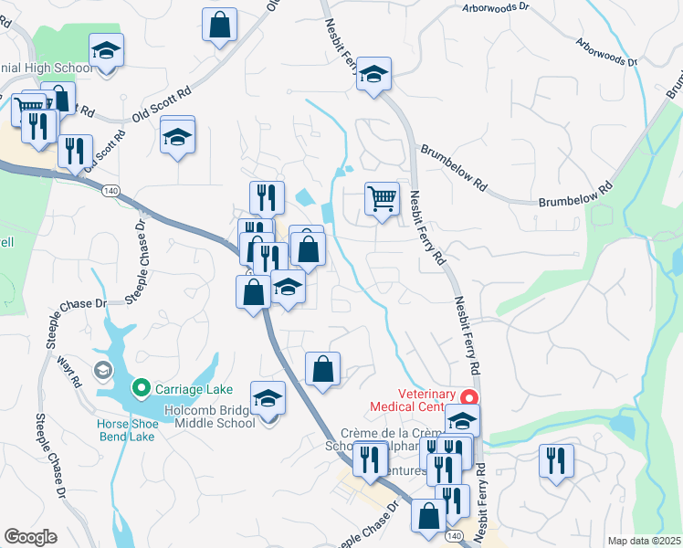 map of restaurants, bars, coffee shops, grocery stores, and more near 211 Buckland Drive in Alpharetta