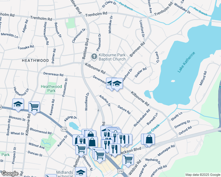 map of restaurants, bars, coffee shops, grocery stores, and more near 4438 Devereaux Road in Columbia
