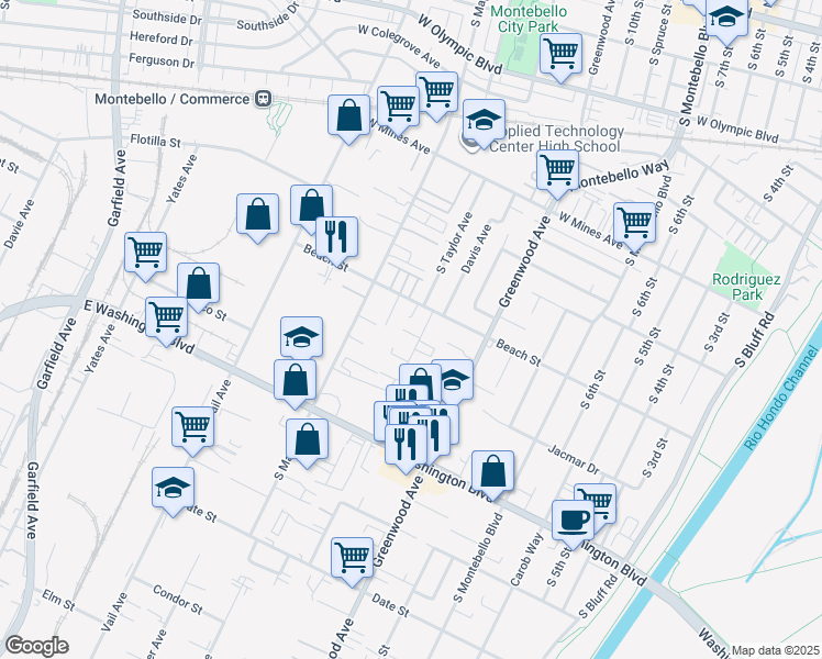 map of restaurants, bars, coffee shops, grocery stores, and more near 845 South Taylor Avenue in Montebello
