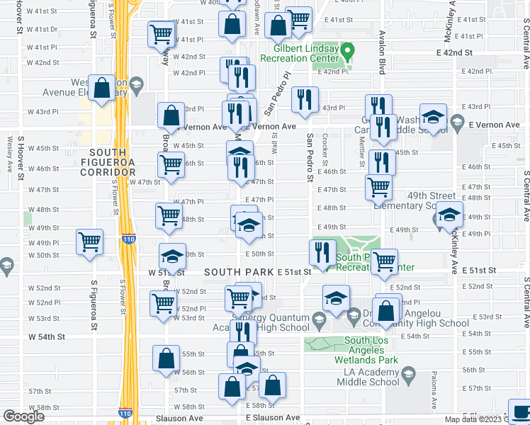 map of restaurants, bars, coffee shops, grocery stores, and more near 179 East 48th Street in Los Angeles