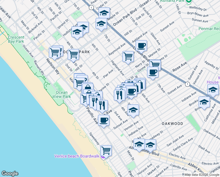 map of restaurants, bars, coffee shops, grocery stores, and more near 3111 4th Street in Santa Monica