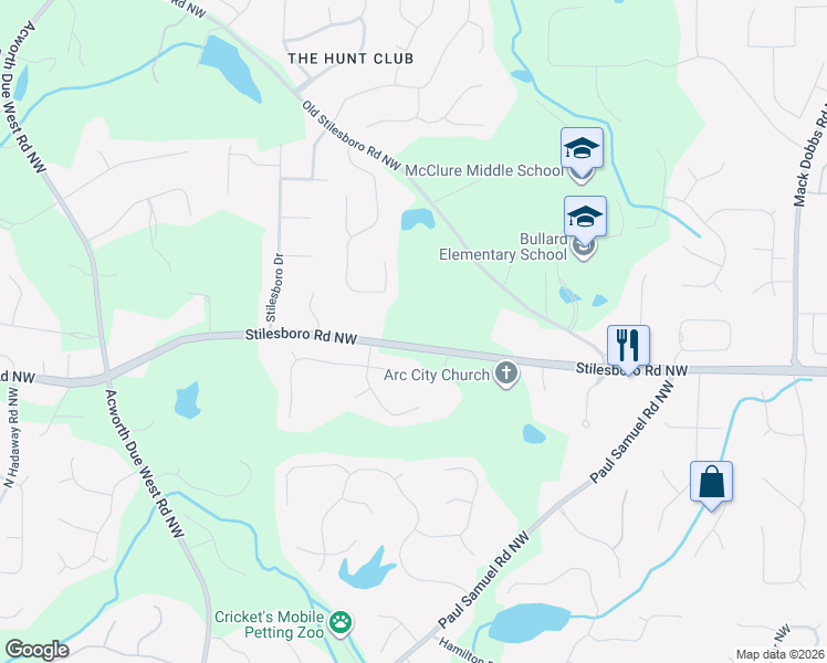 map of restaurants, bars, coffee shops, grocery stores, and more near 3860 Stilesboro Road Northwest in Kennesaw