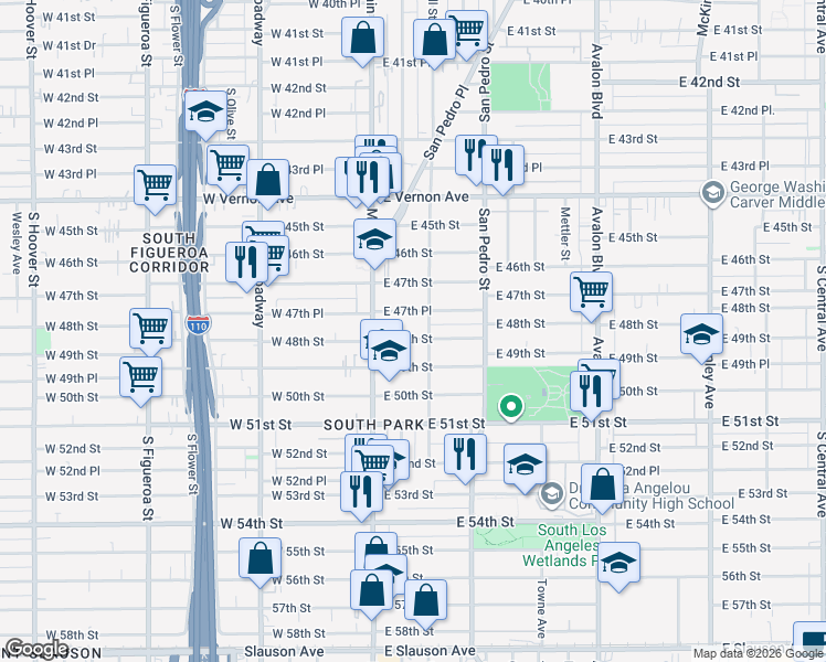 map of restaurants, bars, coffee shops, grocery stores, and more near 179 East 48th Street in Los Angeles