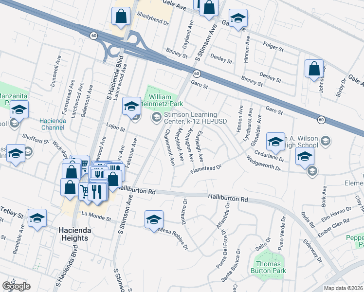 map of restaurants, bars, coffee shops, grocery stores, and more near 1709 Matchleaf Avenue in Hacienda Heights
